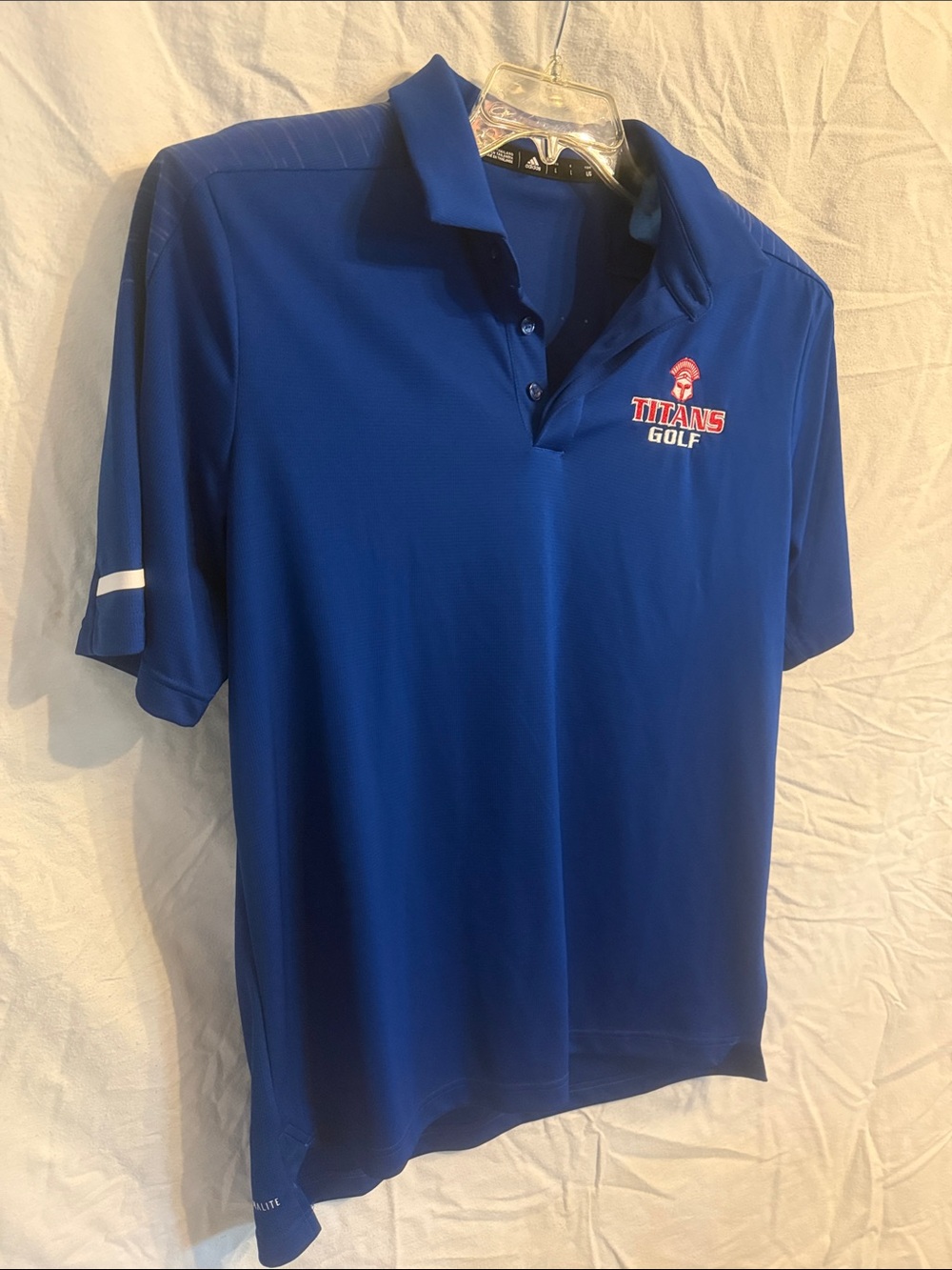 adidas Blue Titans Golf Polo with White Sleeve Stripe
